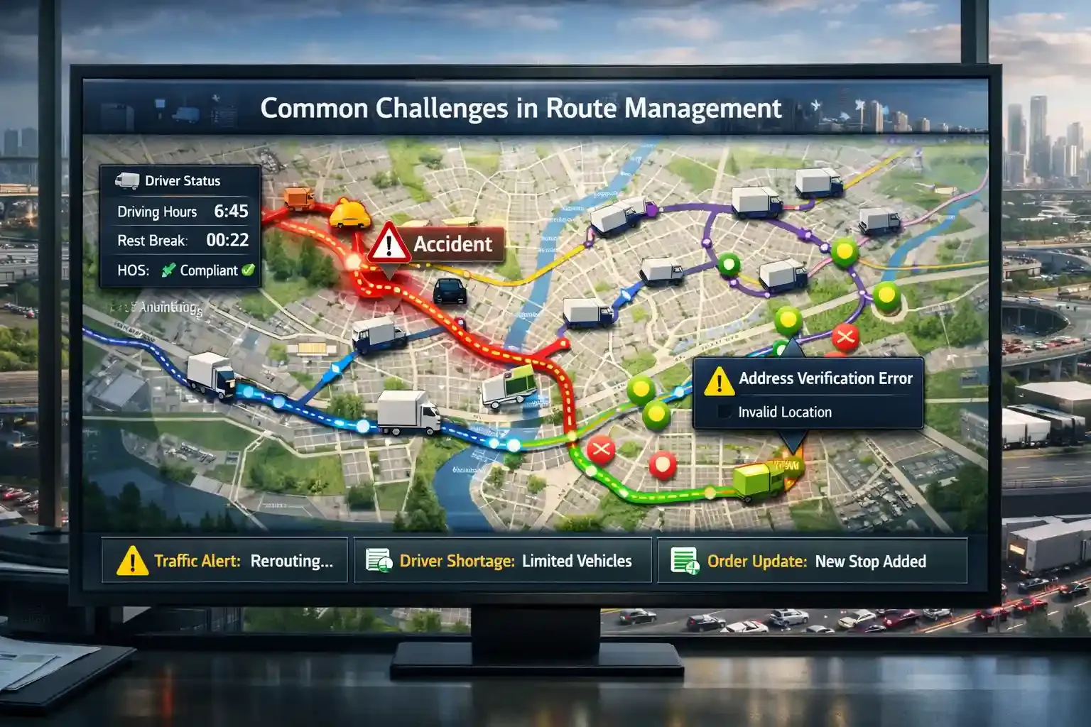 Route management dashboard showing traffic alerts and delivery route issues